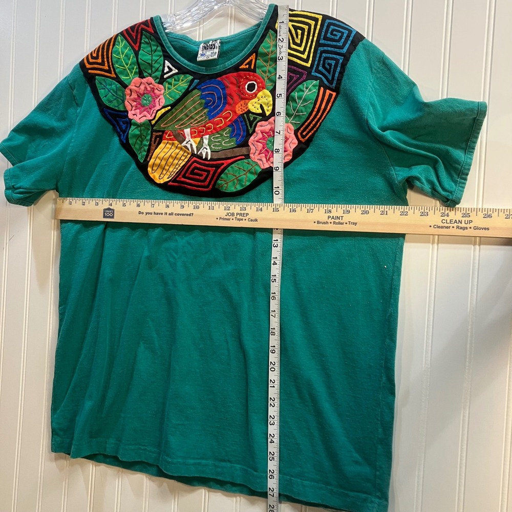 Indios by Siamarmola Womens XL Teal Mola Parrot Hand Made T-Shirt Costa Rica - Picture 6 of 7